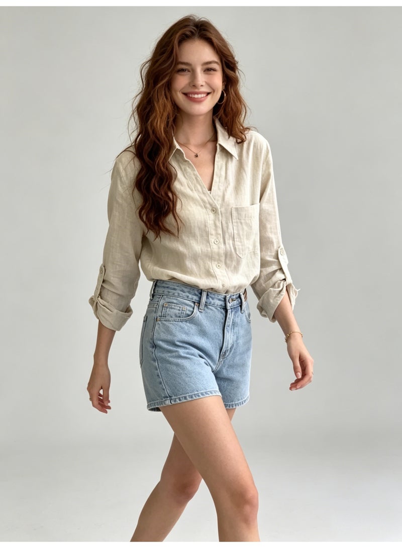 زارا ZARA Women’s Linen Blend Roll Tab Long Sleeve Button Down Shirt - Image 2
