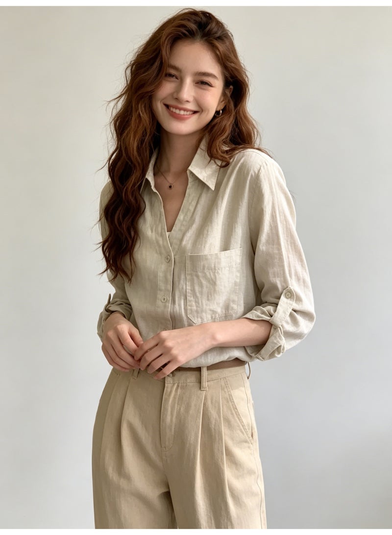 زارا ZARA Women’s Linen Blend Roll Tab Long Sleeve Button Down Shirt - Image 3
