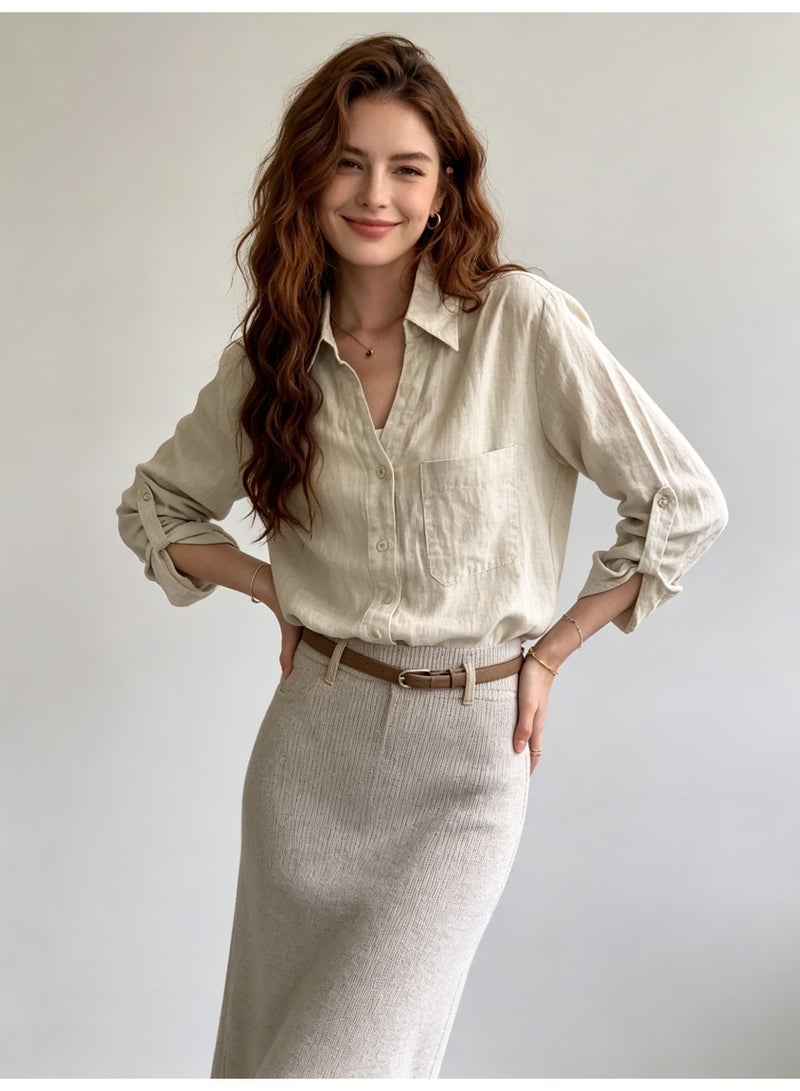 زارا ZARA Women’s Linen Blend Roll Tab Long Sleeve Button Down Shirt - Image 5