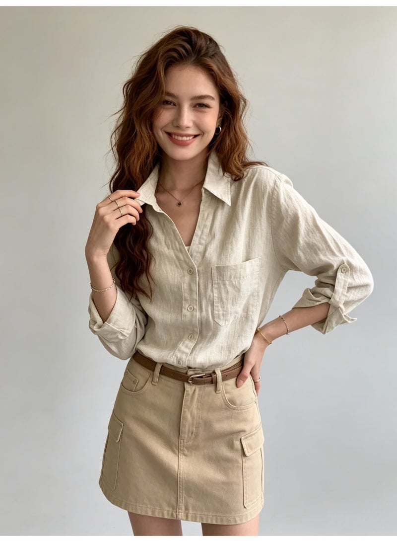 زارا ZARA Women’s Linen Blend Roll Tab Long Sleeve Button Down Shirt - Image 4