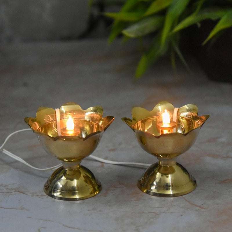 NEETU ARTS NEETU ARTS Pure Brass LED Bulb Light Lotus Design Electric Diya Deep Deepak for Pooja Home Temple Decor 175 inches 100 gm  - Image 2