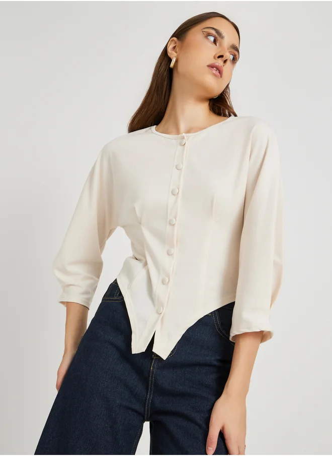 Styli Solid Buttoned Round Neck Blouse