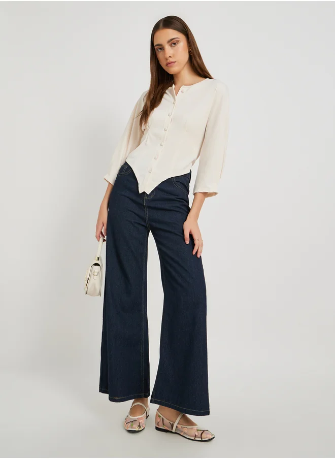 Styli Solid Buttoned Round Neck Blouse