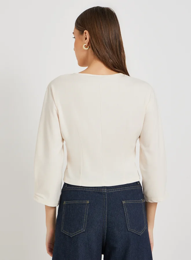 Take Two Solid Buttoned Round Neck Blouse