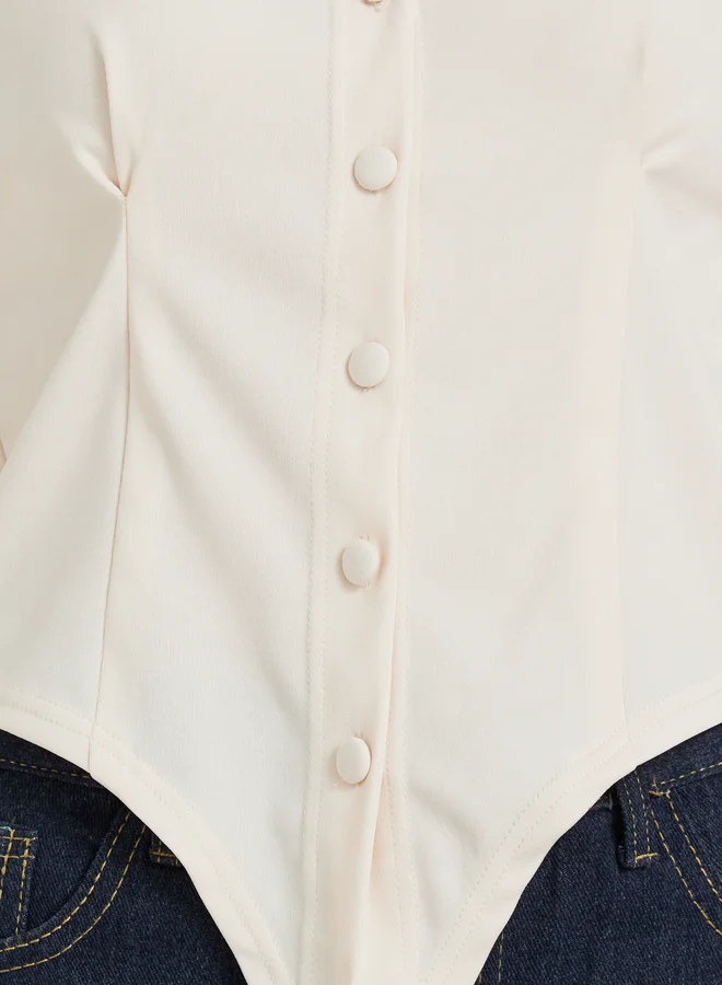 Take Two Solid Buttoned Round Neck Blouse