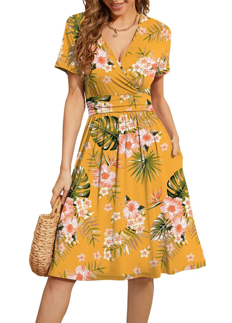 WEACZZY Modest Dresses for Women Midi Summer Dress for Womens Short Sleeve Dresses 2025,Floral Green Leaf Yellow,M - Image 1