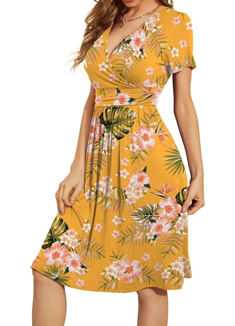 WEACZZY Modest Dresses for Women Midi Summer Dress for Womens Short Sleeve Dresses 2025,Floral Green Leaf Yellow,M - Image 2
