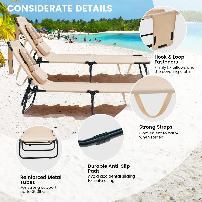 GYMAX Tanning Chair, 330lbs Beach Lounge Chair with Face Hole, Detachable Washable Pillow & Carry Strap, Adjustable Folding Chaise Lounge, Layout Chair for Outside, Patio, Poolside, Lawn (1, Beige) - Image 5