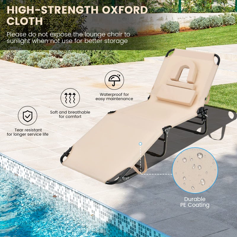GYMAX Tanning Chair, 330lbs Beach Lounge Chair with Face Hole, Detachable Washable Pillow & Carry Strap, Adjustable Folding Chaise Lounge, Layout Chair for Outside, Patio, Poolside, Lawn (1, Beige) - Image 4