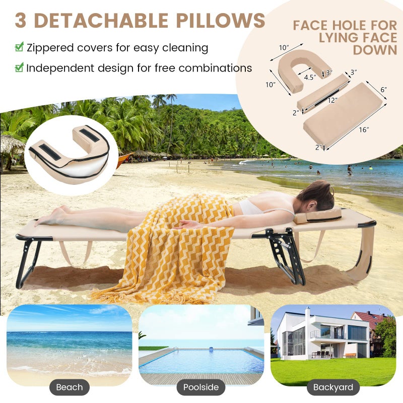 GYMAX Tanning Chair, 330lbs Beach Lounge Chair with Face Hole, Detachable Washable Pillow & Carry Strap, Adjustable Folding Chaise Lounge, Layout Chair for Outside, Patio, Poolside, Lawn (1, Beige) - Image 3