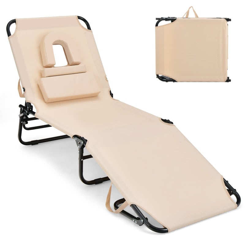 GYMAX Tanning Chair, 330lbs Beach Lounge Chair with Face Hole, Detachable Washable Pillow & Carry Strap, Adjustable Folding Chaise Lounge, Layout Chair for Outside, Patio, Poolside, Lawn (1, Beige) - Image 1