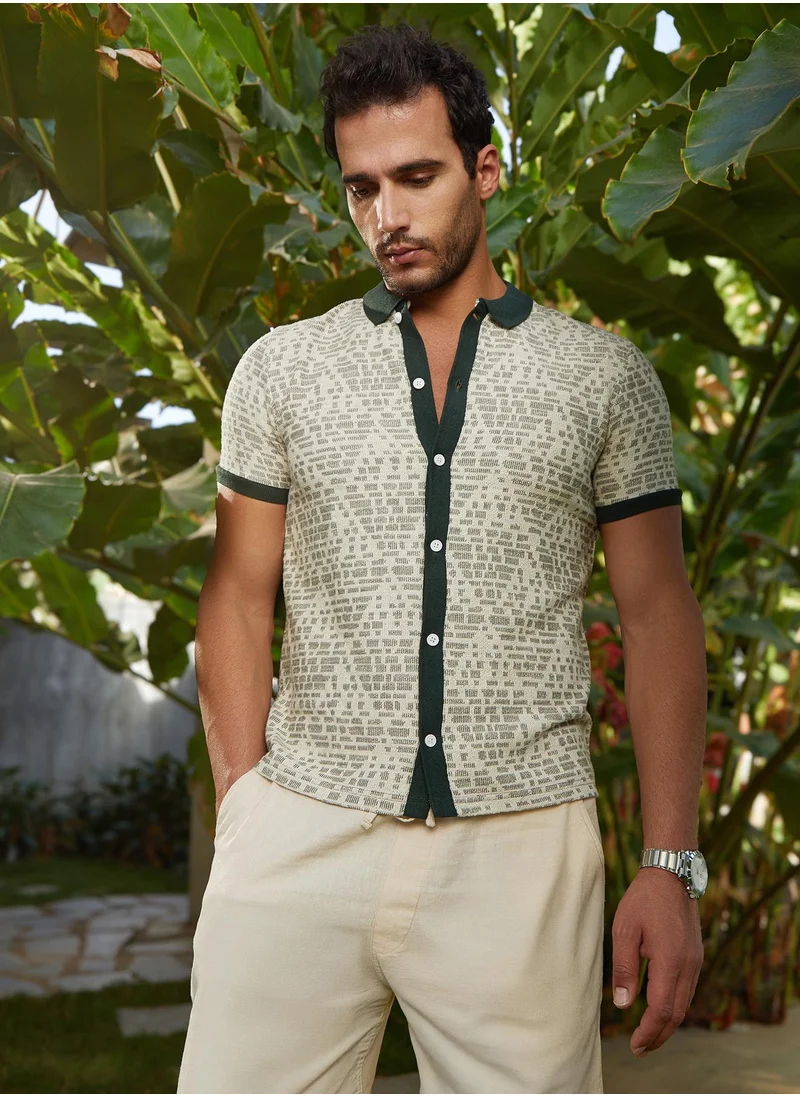 Campus Sutra Men's Sacramento Green & Off-White Geometrix-Knit Polo Shirt