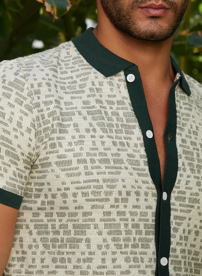كامبوس سوترا Men's Sacramento Green & Off-White Geometrix-Knit Polo Shirt