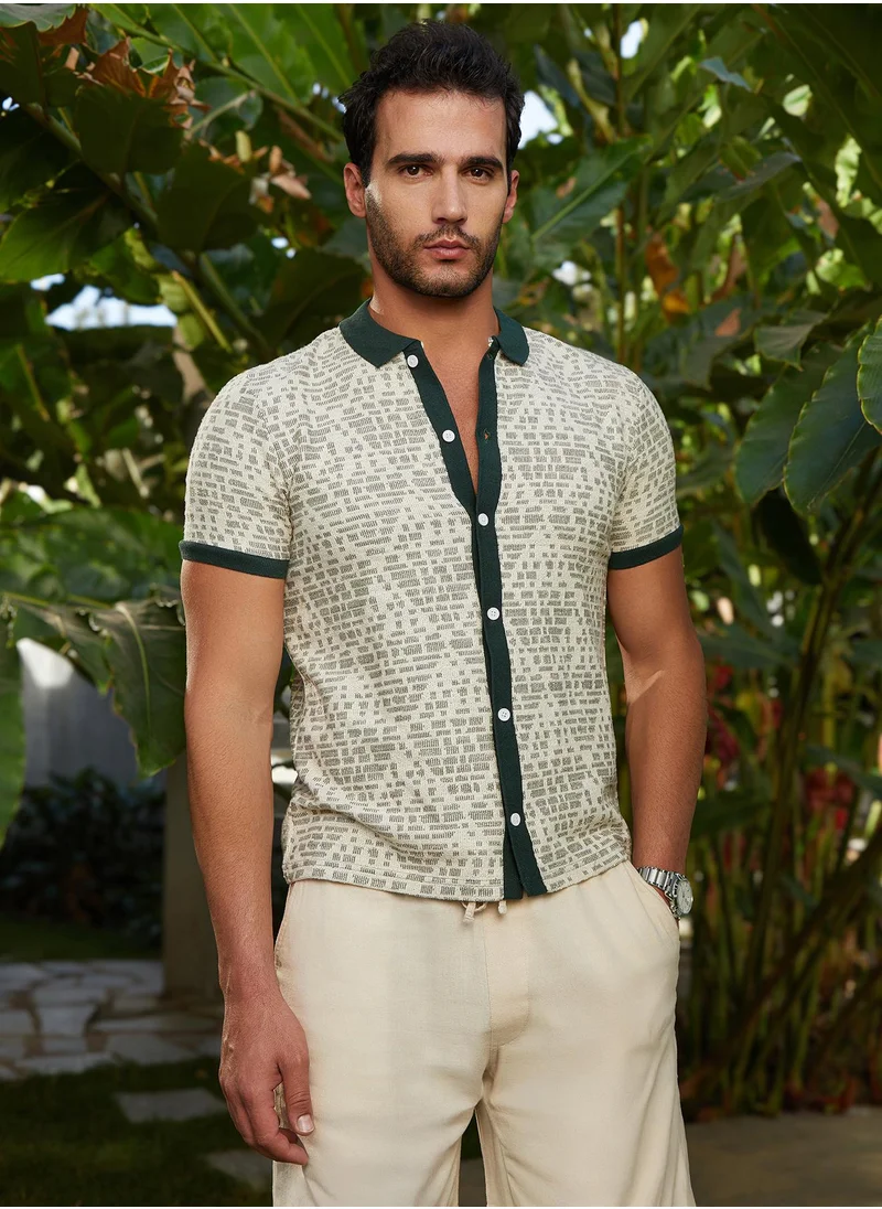 Campus Sutra Men's Sacramento Green & Off-White Geometrix-Knit Polo Shirt