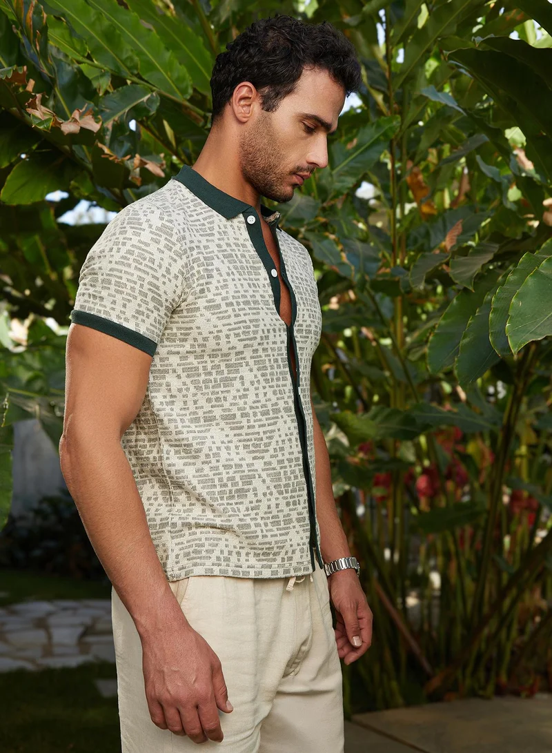 كامبوس سوترا Men's Sacramento Green & Off-White Geometrix-Knit Polo Shirt