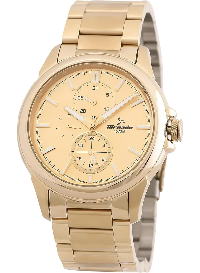 تورنيدو Tornado Men's Japan Quartz Movement Watch, Multi Function Display and Stainless Steel Strap - T6107-GBGC, Gold