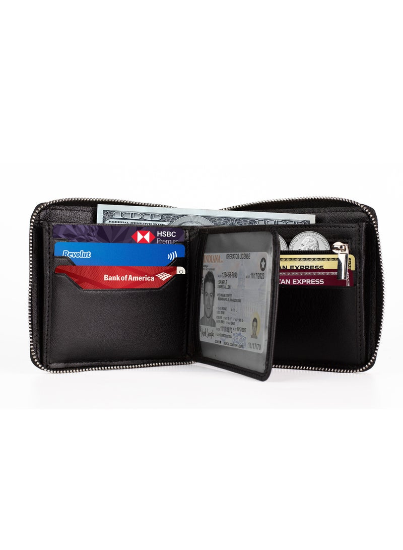 محفظة بسحاب للرجال جلد أصلي ثنائي الطي حامل بطاقات متعدد Rfid أسود محمي