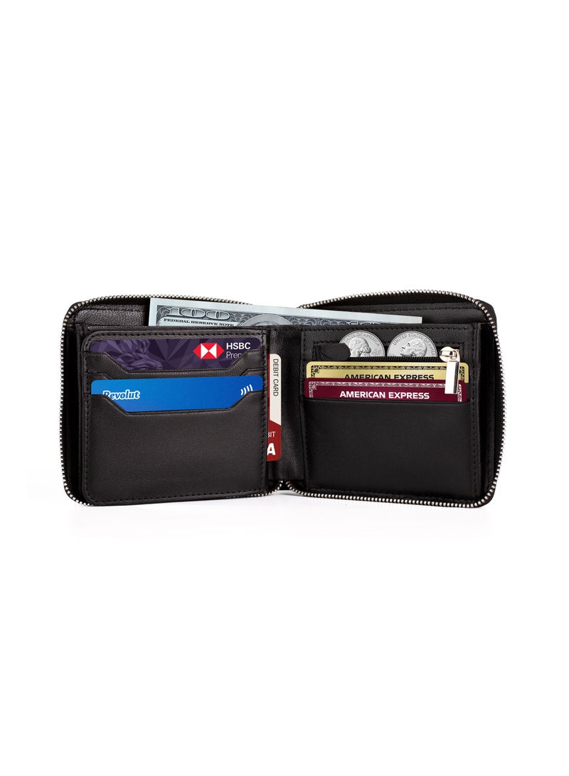 محفظة بسحاب للرجال جلد أصلي ثنائي الطي حامل بطاقات متعدد Rfid أسود محمي