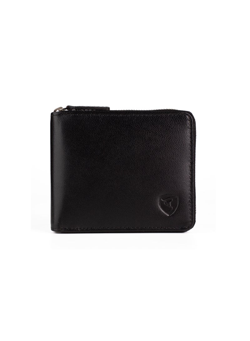 محفظة بسحاب للرجال جلد أصلي ثنائي الطي حامل بطاقات متعدد Rfid أسود محمي