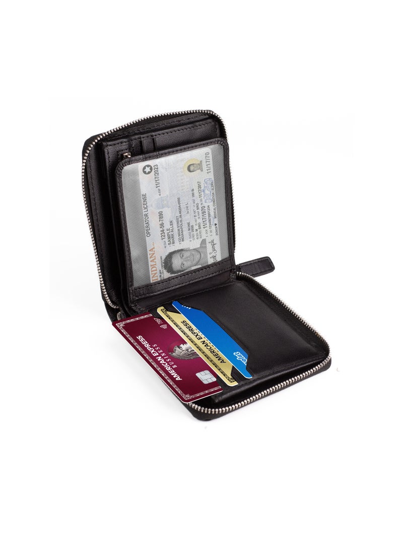 محفظة بسحاب للرجال جلد أصلي ثنائي الطي حامل بطاقات متعدد Rfid أسود محمي