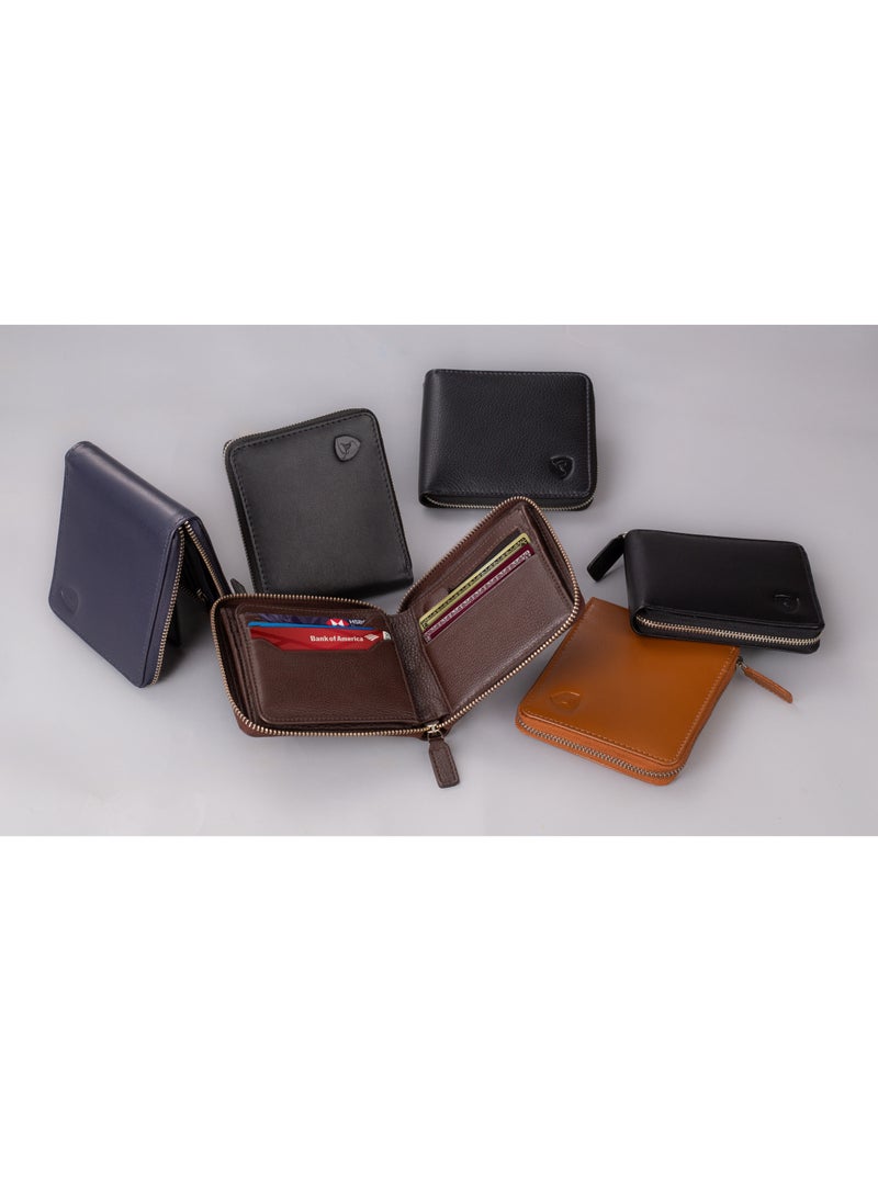 محفظة بسحاب للرجال جلد أصلي ثنائي الطي حامل بطاقات متعدد Rfid أسود محمي