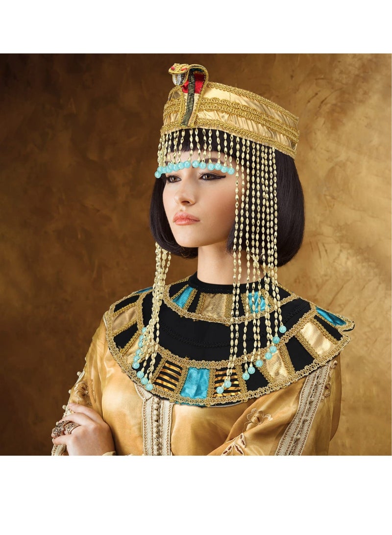 ملحقات زي نسائي مصري، تشمل عصابة رأس ثعبان مزينة بالخرز، قلادة ورصائع يدوية مصرية، لزي أميرة مصرية لاحتفالات الهالوين - Image 2