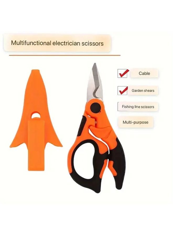 Red Black Handle Dual Ribbon Buckle Spring Electrician Scissors Rotatable Fishing Scissors Multi Purpose Durable Synthetic Rubber Grip - Image 2