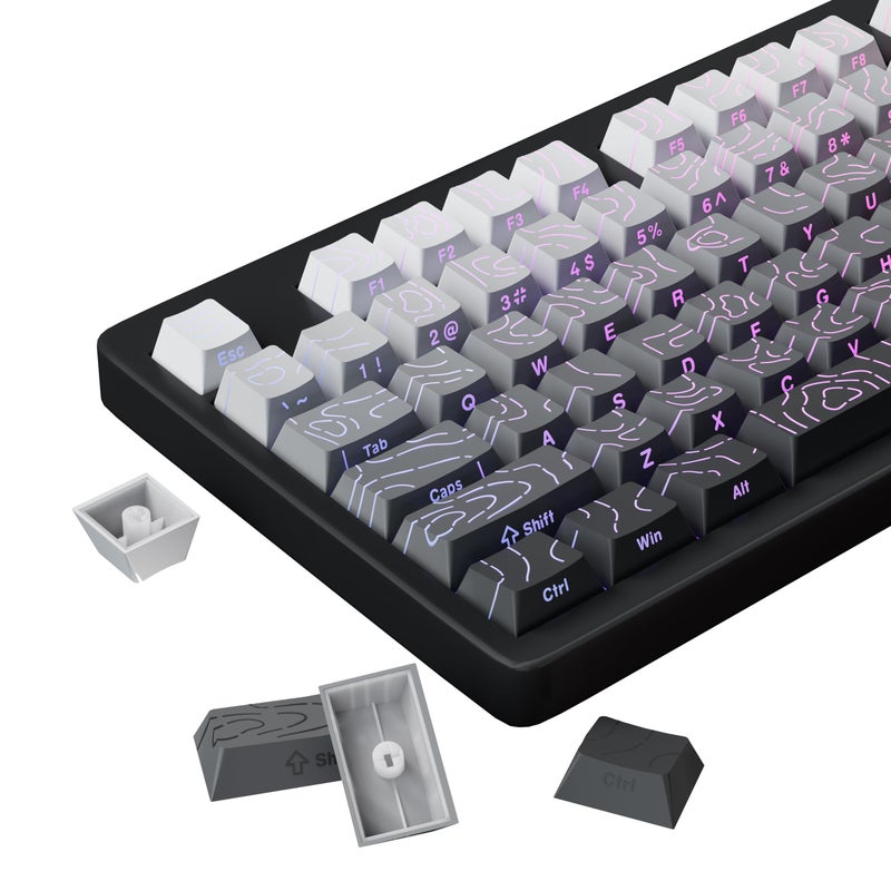 FunHub Shine Through PBT Keycaps - Black Double Shot Side Printed Backlit Keycaps Set 133 Keys 60% 65% 75% 100% Cherry Profile,Gradient Topographic Custom Key Caps for MX Switch Gaming Keyboards - Image 1