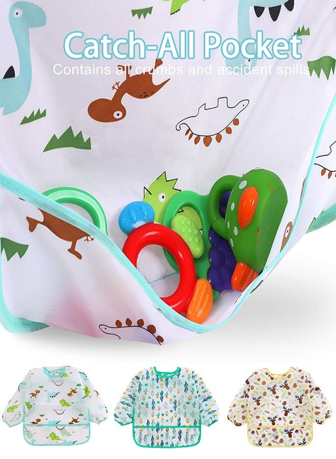 Sharpdo 3 Pack Baby Long Sleeve Bibs, Toddler Feeding Waterproof Bibs with Great Capacity Pocket, Infant Smock Shirt Bib for Eating, Painting, Playing, Travel  - Image 2