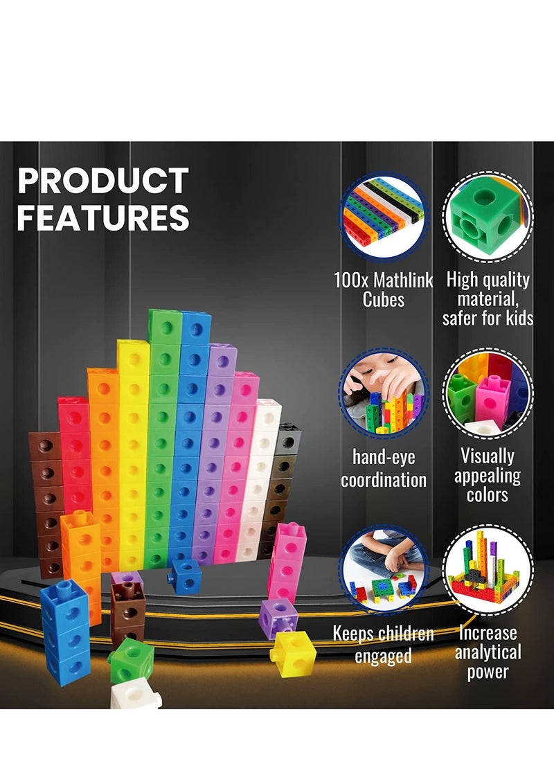 Dubkart - Math Cubes for Kids - Kindergarten Math Games - Snap Cubes Counting Blocks for Math - Math Linking Cubes Counting Cubes for Kids - Math Manipulatives 1st Grade - 10 Colors, 100 Cubes - Image 1