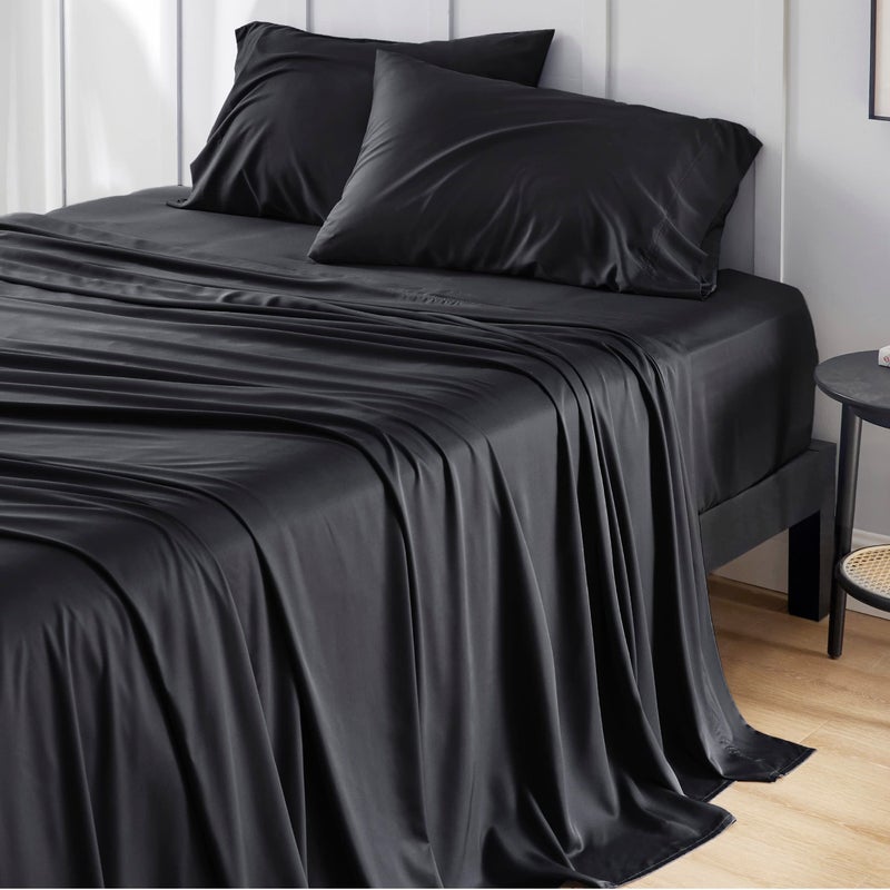 Bedsure Bedsure Queen Sheets, Rayon Derived from Bamboo, Queen Cooling Sheet Set, Deep Pocket Up to 16", Breathable & Soft Bed Sheets, Hotel Luxury Silky Bedding Sheets & Pillowcases, Black  - Image 1