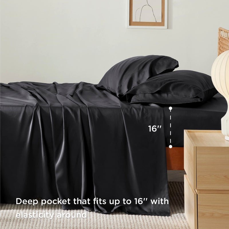 Bedsure Bedsure Queen Sheets, Rayon Derived from Bamboo, Queen Cooling Sheet Set, Deep Pocket Up to 16", Breathable & Soft Bed Sheets, Hotel Luxury Silky Bedding Sheets & Pillowcases, Black  - Image 3
