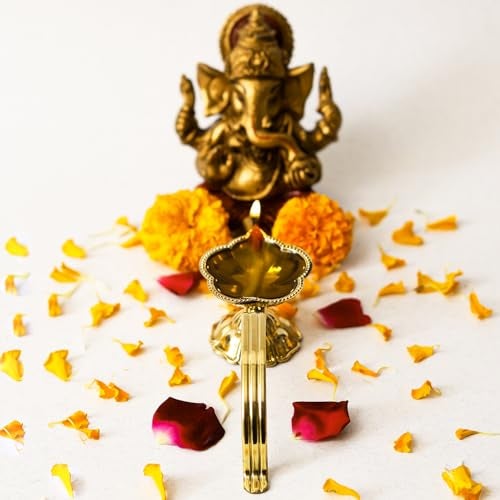 Klassic Home Decore Large Brass Aarti Diya | 5 cm Hight, Hiqh-Quality Brass, Long Handle, Pooja Lamp | Best for Pooja Purposes, Diwali Festival Temple Decoration (Pack of 1, Gold) - Image 2