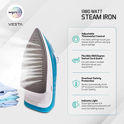Wipro Vesta 1380 watts Mini Plastic Steam Iron for Travel,Smart light sensor, 250ml Water Tank, Self Cleaning, 20g/min Steam,Vertical & Horizontal Steaming, .8g/steam shot burst,2 Year Warranty,Blue - Image 3