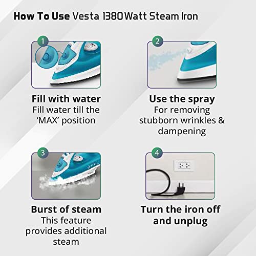 Wipro Vesta 1380 watts Mini Plastic Steam Iron for Travel,Smart light sensor, 250ml Water Tank, Self Cleaning, 20g/min Steam,Vertical & Horizontal Steaming, .8g/steam shot burst,2 Year Warranty,Blue - Image 4