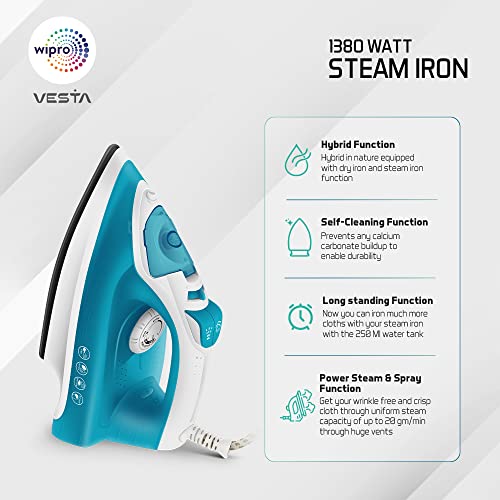 Wipro Vesta 1380 watts Mini Plastic Steam Iron for Travel,Smart light sensor, 250ml Water Tank, Self Cleaning, 20g/min Steam,Vertical & Horizontal Steaming, .8g/steam shot burst,2 Year Warranty,Blue - Image 2