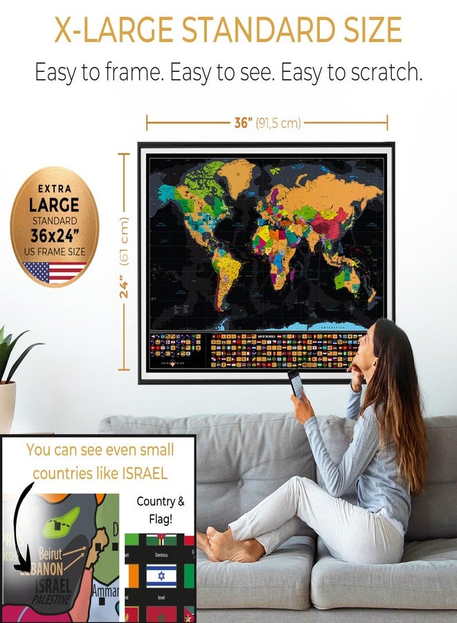 TRIPA TRIPS XL Scratch Off World Map - 36 x 24 With 233 Flags + USA Map - Extra Large & Detailed + Accessories - Deluxe Travel Gift - Image 2