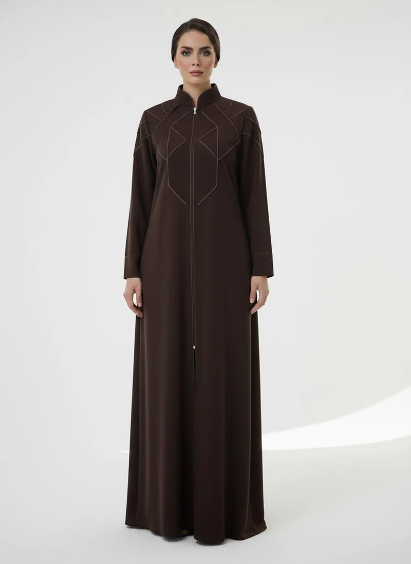 أم سكوير فاشن Geometric Panelled Design Brown Abaya with Plain Chiffon Headscarf