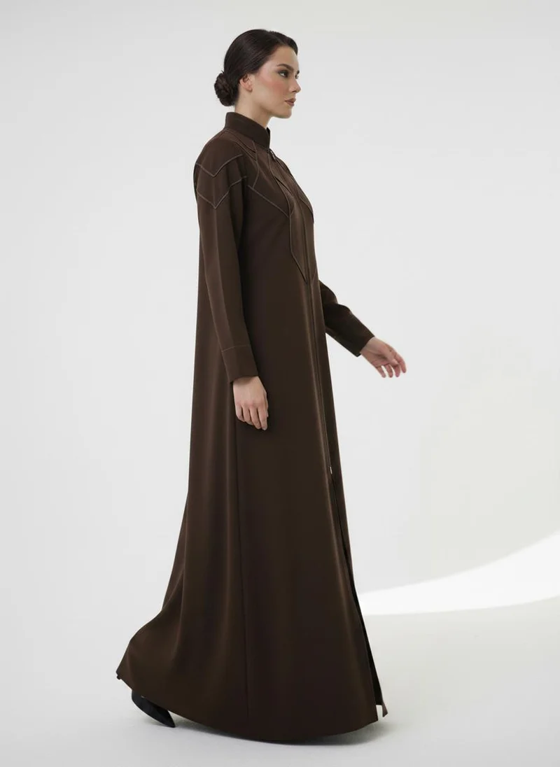MSquare Fashion  Geometric Panelled Design Brown Abaya with Plain Chiffon Headscarf for Women | Best Price UAE