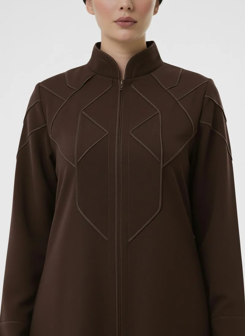 أم سكوير فاشن Geometric Panelled Design Brown Abaya with Plain Chiffon Headscarf
