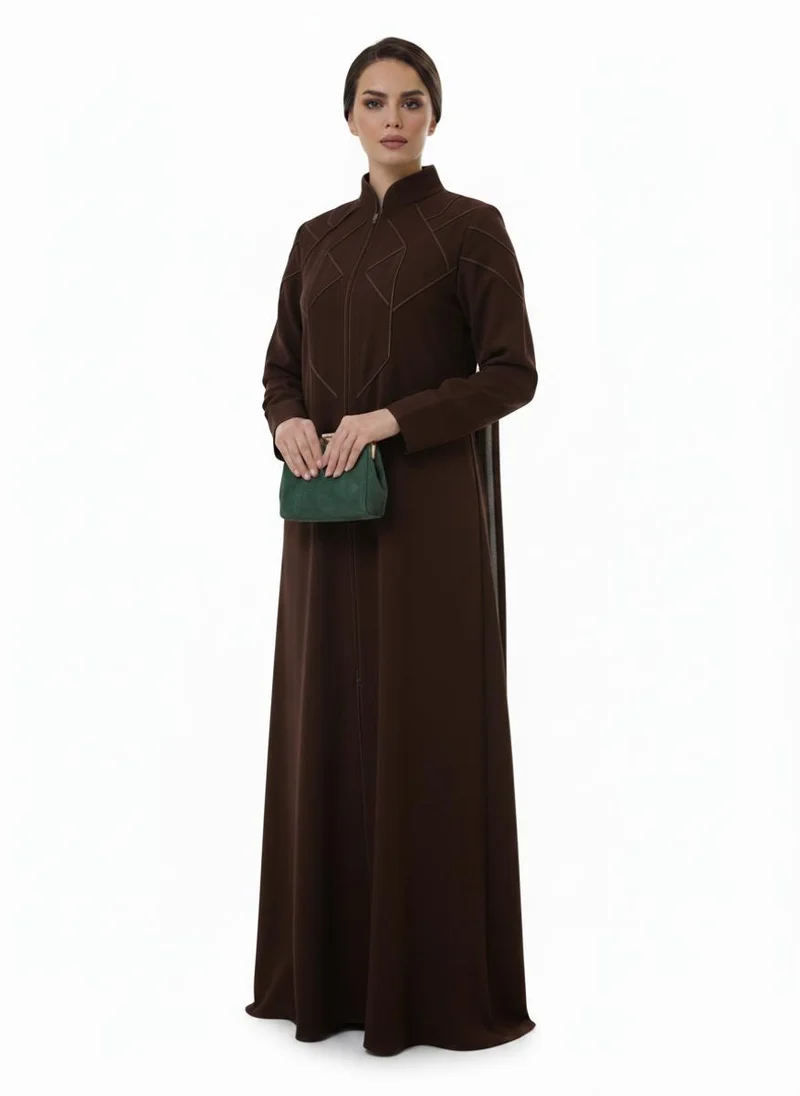 MSquare Fashion  Geometric Panelled Design Brown Abaya with Plain Chiffon Headscarf for Women | Best Price UAE