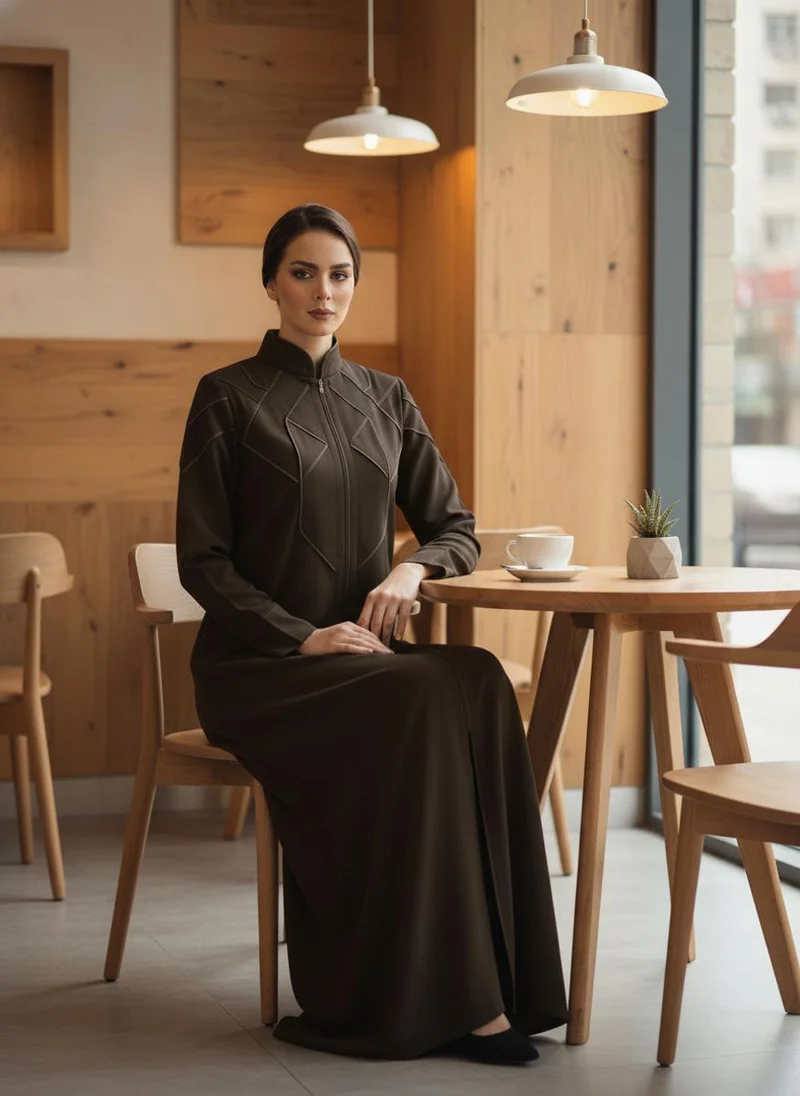 MSquare Fashion  Geometric Panelled Design Brown Abaya with Plain Chiffon Headscarf for Women | Best Price UAE