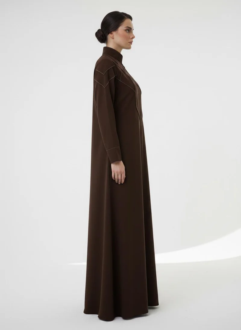 MSquare Fashion  Geometric Panelled Design Brown Abaya with Plain Chiffon Headscarf for Women | Best Price UAE