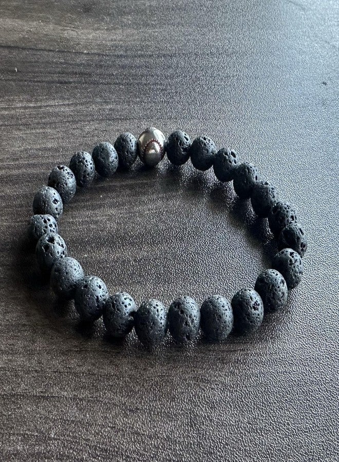Xusamss Cross Bead Bracelet 8MM Lava Rock Turquoise Tiger Eye Onyx Stone Bracelet,7 1/2 wrist(White Baseball_Lava) - Image 5