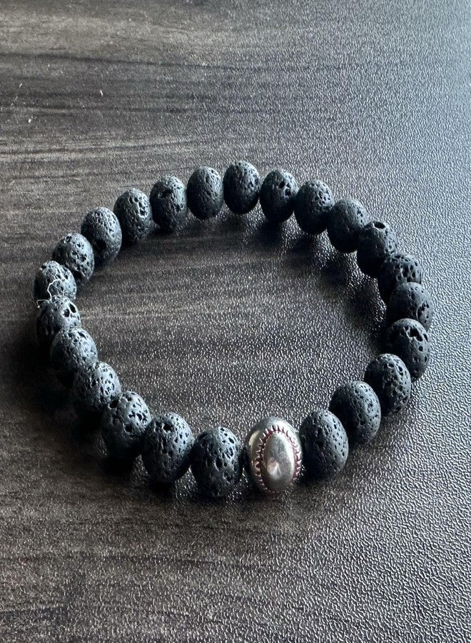 Xusamss Cross Bead Bracelet 8MM Lava Rock Turquoise Tiger Eye Onyx Stone Bracelet,7 1/2 wrist(White Baseball_Lava) - Image 4