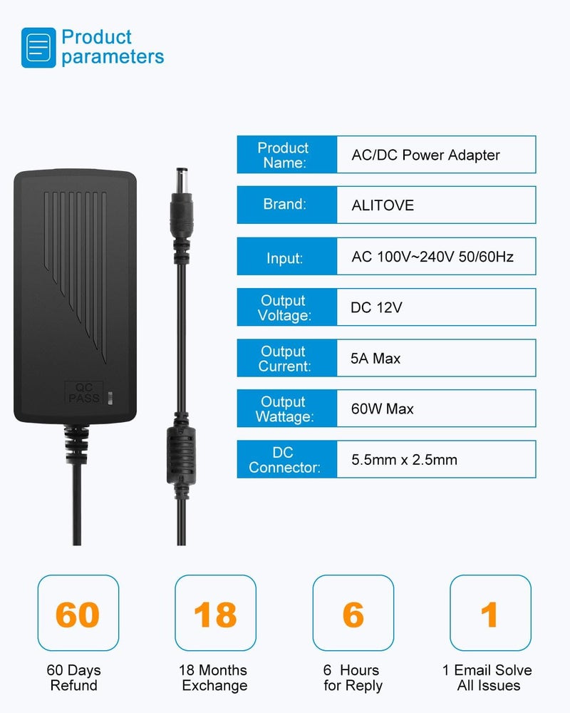 ALITOVE محول طاقة DC 12V 5A، محول محول تيار متردد 100-240 فولت مع مقبس خرج تيار مستمر 5.5x2.5 مم لوحدة ضوء شريط LED 5050 3528 - Image 3