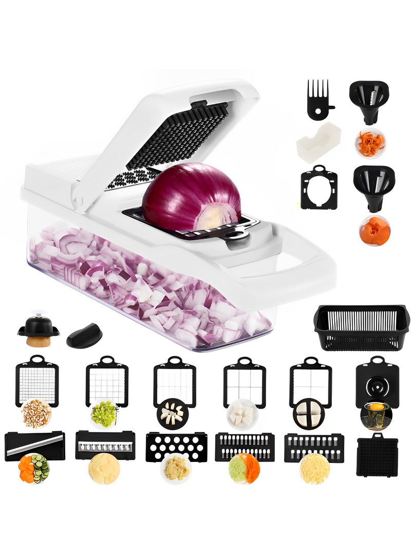 أَليفينجهوم مفرمة خضروات، مفرمة بصل احترافية، مفرمة طعام متعددة الوظائف 22 في 1، قطاعة خضروات للمطبخ، مفرمة خضروات مع 12 شفرة، مفرمة جزر وثوم مع حاوية، أبيض - Image 1