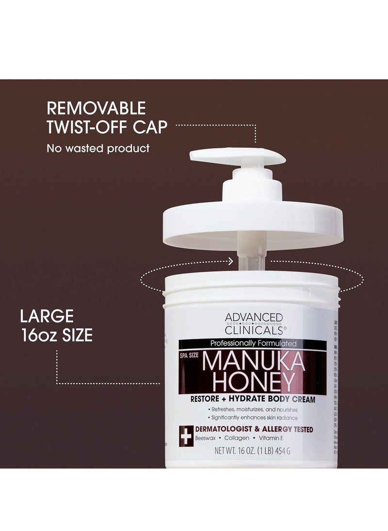 Advanced Clinicals Manuka Honey Body Cream For Women & Men | Body Butter Lotion For Extremely Dry Skin | Collagen Cream | Skincare Moisturizer Hydrating Balm Improves Look Of Aging Skin, 16 Ounce