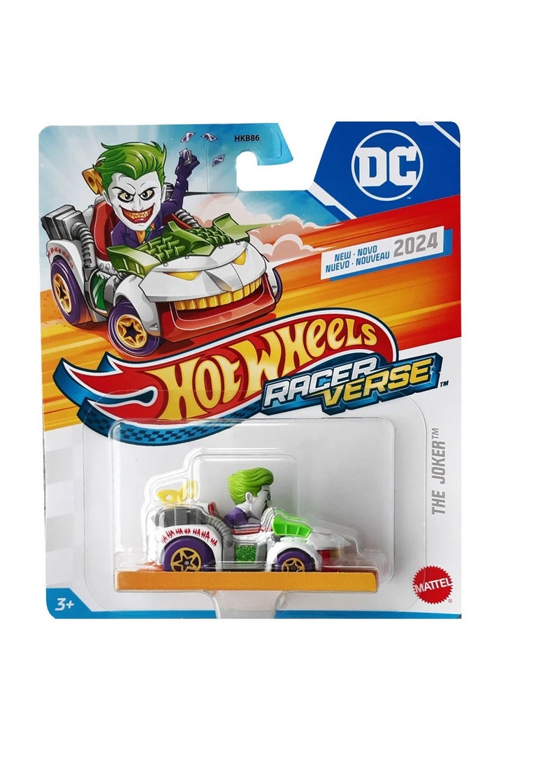 DC Hot Wheels RacerVerse , The Joker DC Comics Character Car , 2024 Edition Die Cast Vehicle for Kids Ages 3+ , Official Mattel & DC Toy , Clown Prince of Crime Car , Track Compatible Collectible Supervillain Racer , Batman Universe Toy 