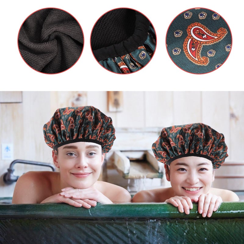 Waterproof Shower Cap Large Water Absorbing Breathable Fabric Red Paisley Pattern - Image 4